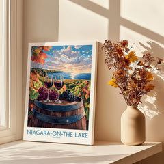 Niagara-on-the-Lake wine country travel poster with vineyard, wine glasses, and lake sunset, perfect wall art decor