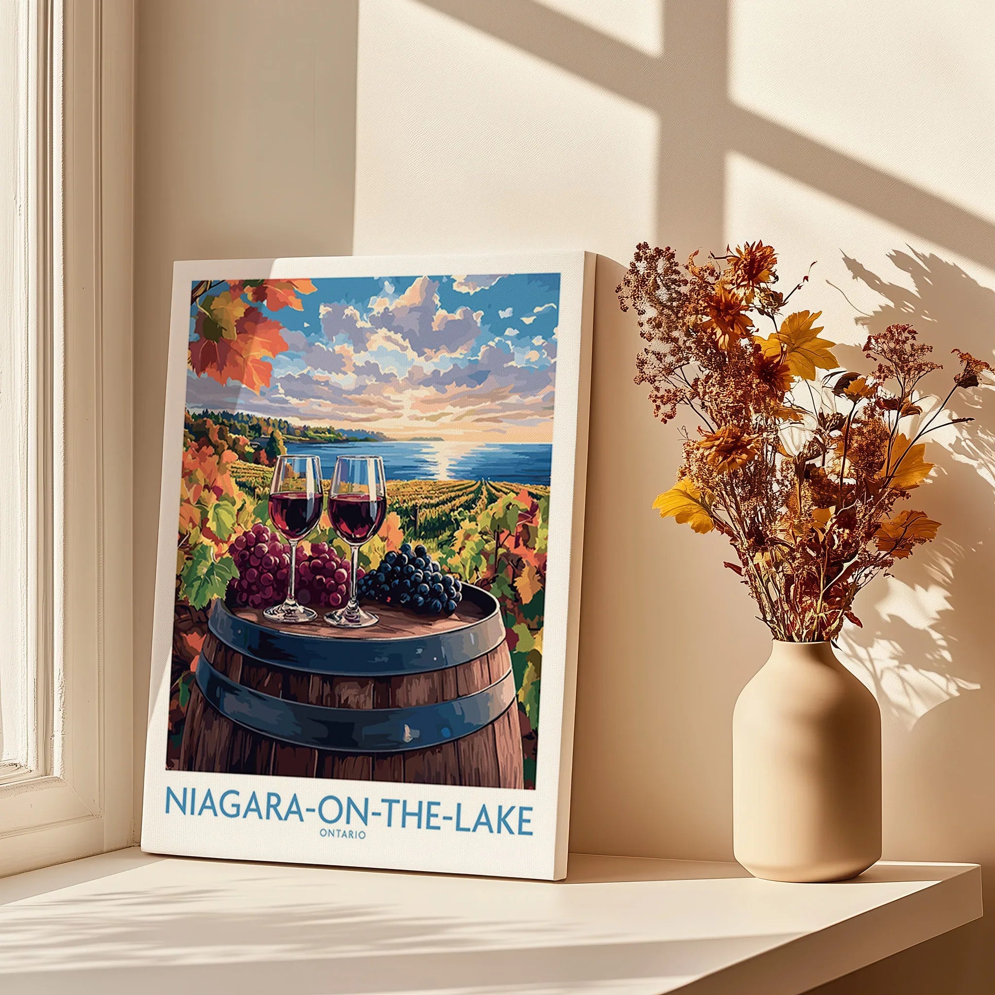 Niagara-on-the-Lake wine country travel poster with vineyard, wine glasses, and lake sunset, perfect wall art decor