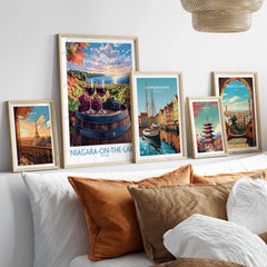 Framed travel posters of Paris, Niagara-on-the-Lake, Copenhagen, Tokyo, Barcelona for wall art decor
