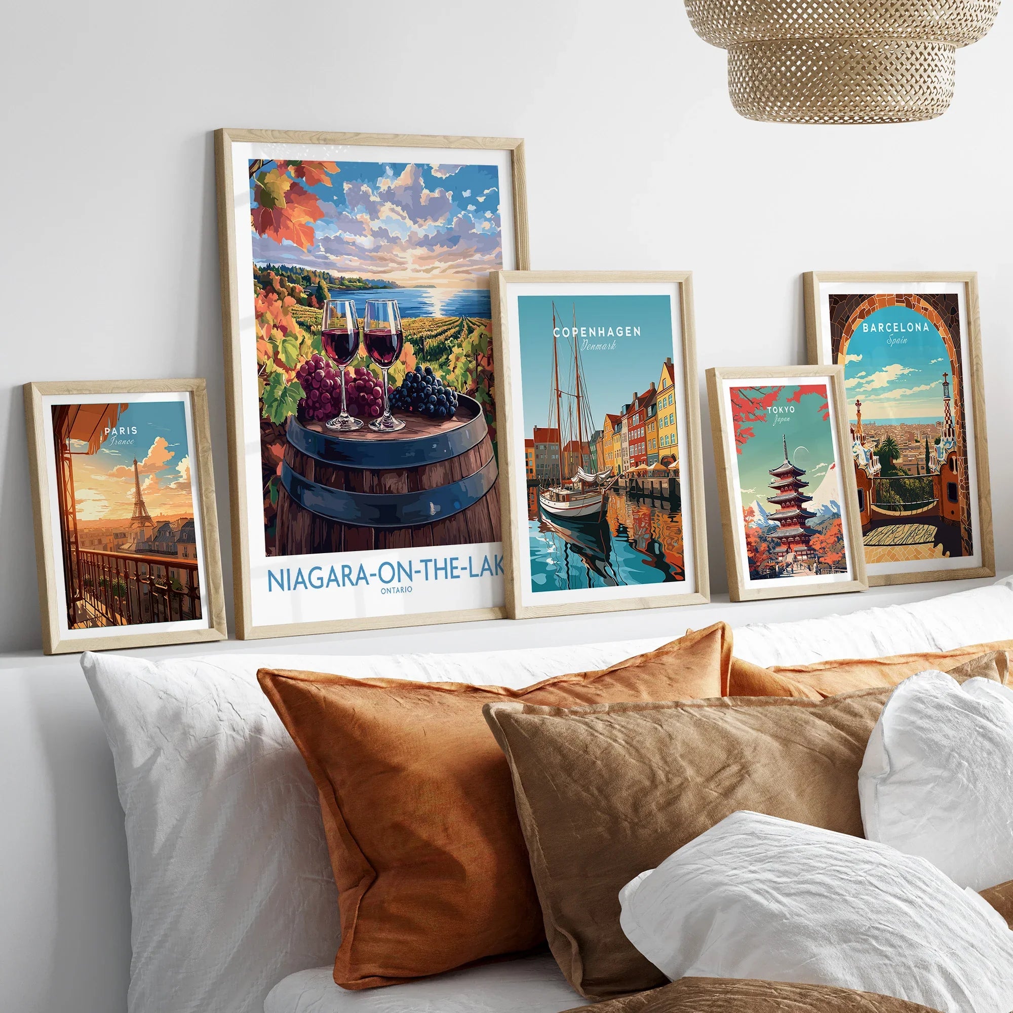 Framed travel posters of Paris, Niagara-on-the-Lake, Copenhagen, Tokyo, Barcelona for wall art decor