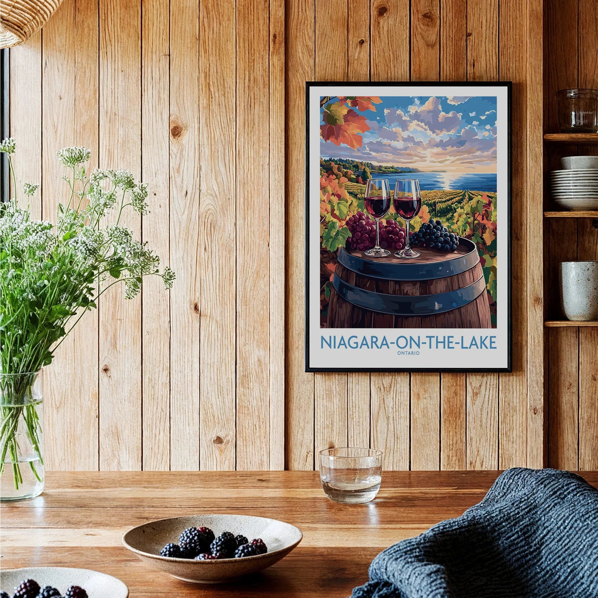 Niagara-on-the-Lake wine country poster with grapes, wine glasses, and lake view for home decor