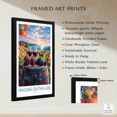 Niagara-on-the-Lake wine country travel poster with vineyard, wine glasses, and lake view, framed wall art