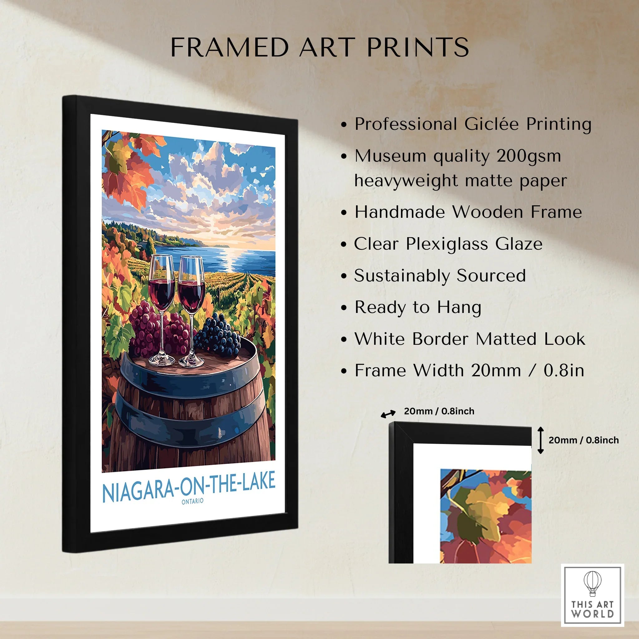 Niagara-on-the-Lake wine country travel poster with vineyard, wine glasses, and lake view, framed wall art