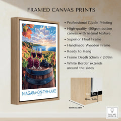 Niagara-on-the-Lake wine country travel poster with grapes, wine glasses, and lake view, framed canvas wall art