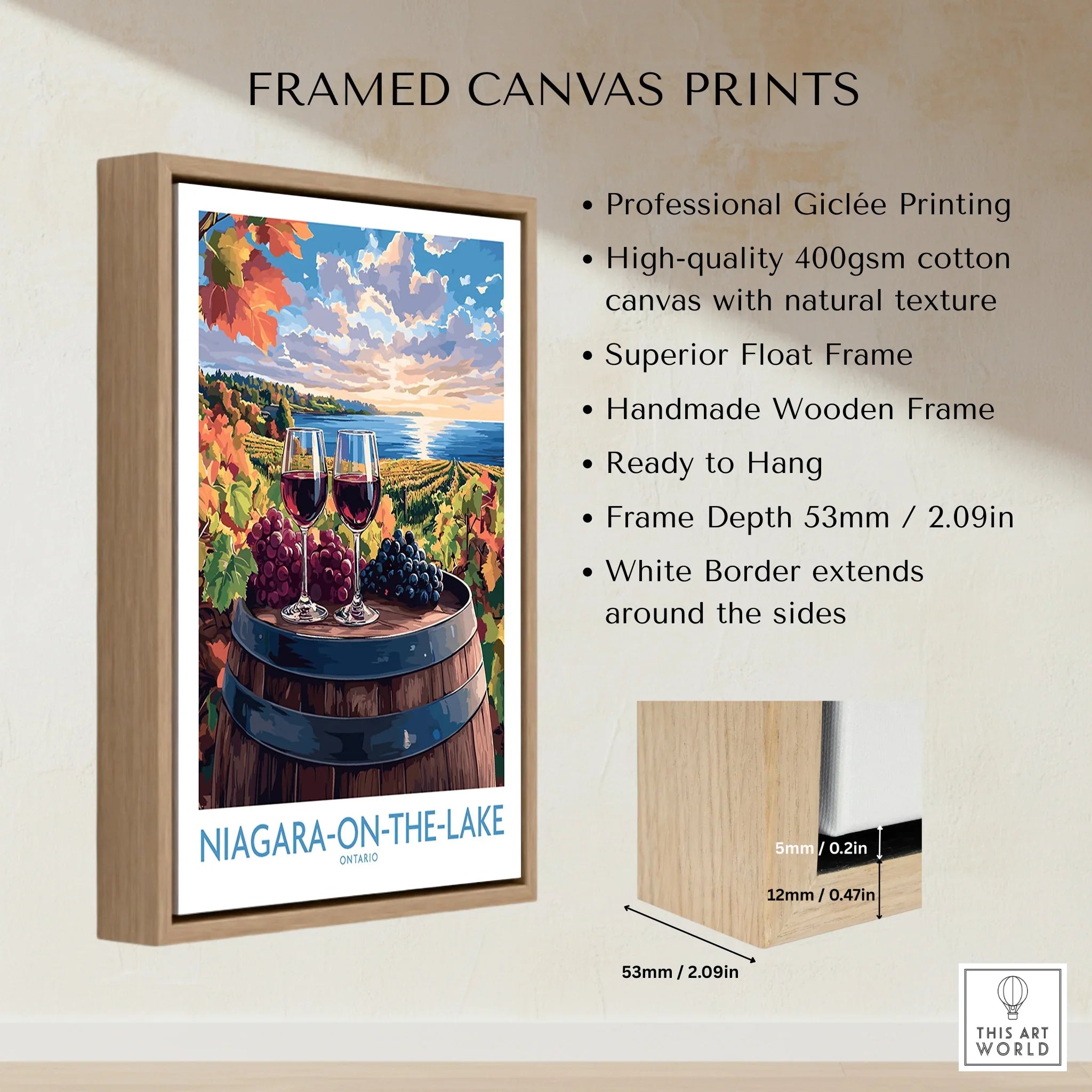 Niagara-on-the-Lake wine country travel poster with grapes, wine glasses, and lake view, framed canvas wall art