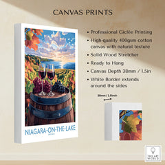 Niagara-on-the-Lake wine country canvas print with vineyard, lake view, and wine glasses for wall art decor