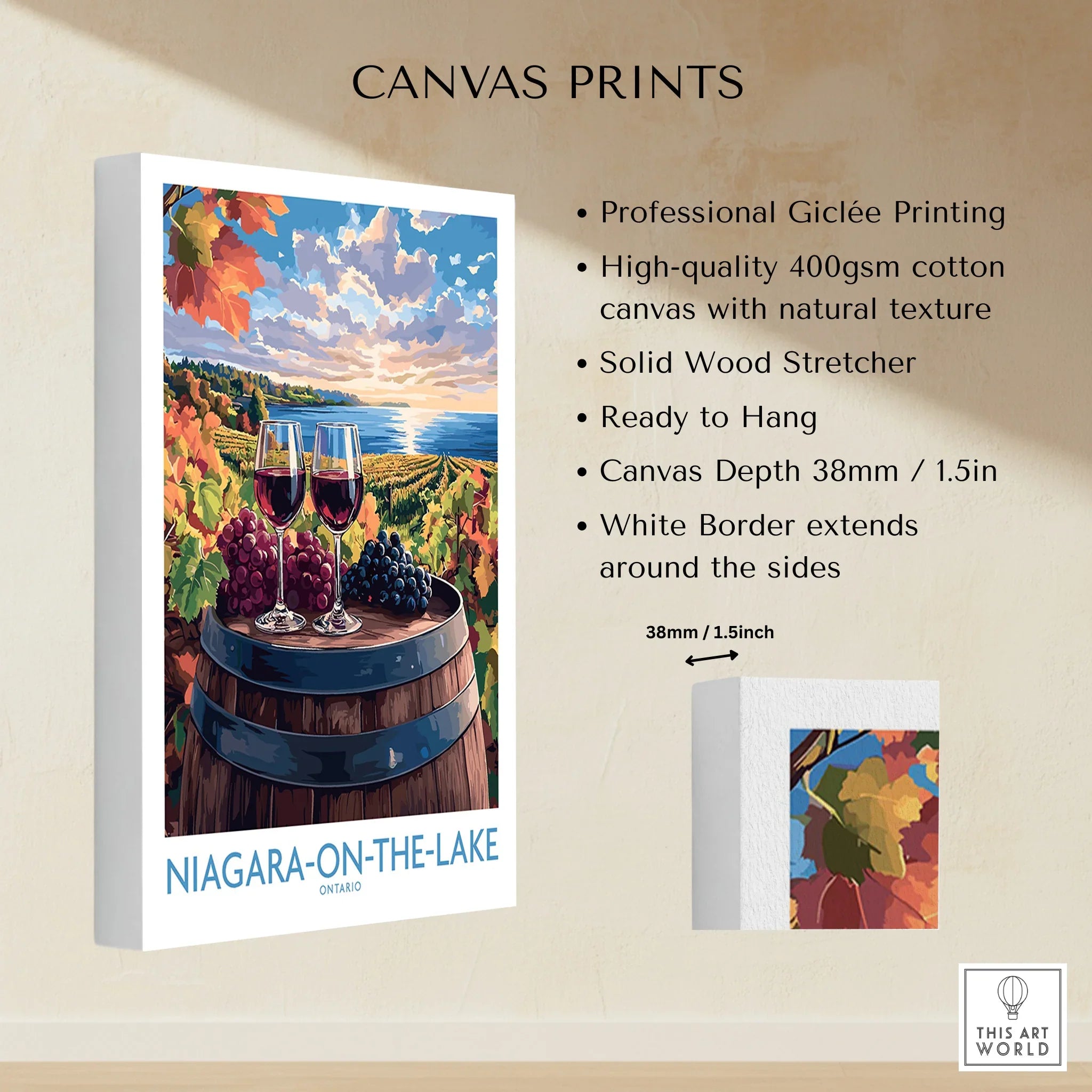 Niagara-on-the-Lake wine country canvas print with vineyard, lake view, and wine glasses for wall art decor