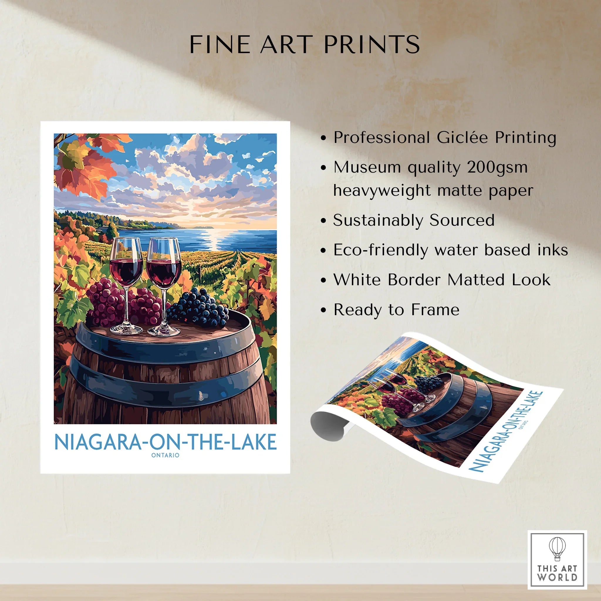 Niagara-on-the-Lake wine country fine art print with vineyard, grapes, and wine glasses, ready to frame