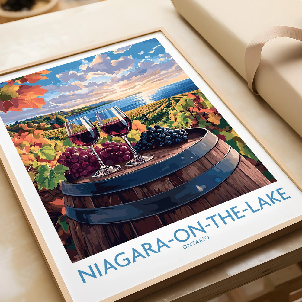 Niagara-on-the-Lake wine country travel poster with grapes, wine glasses, and vineyard sunset view