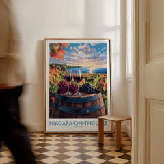 Niagara-on-the-Lake travel poster with wine glasses, grapes, and vineyard sunset, perfect wall art decor