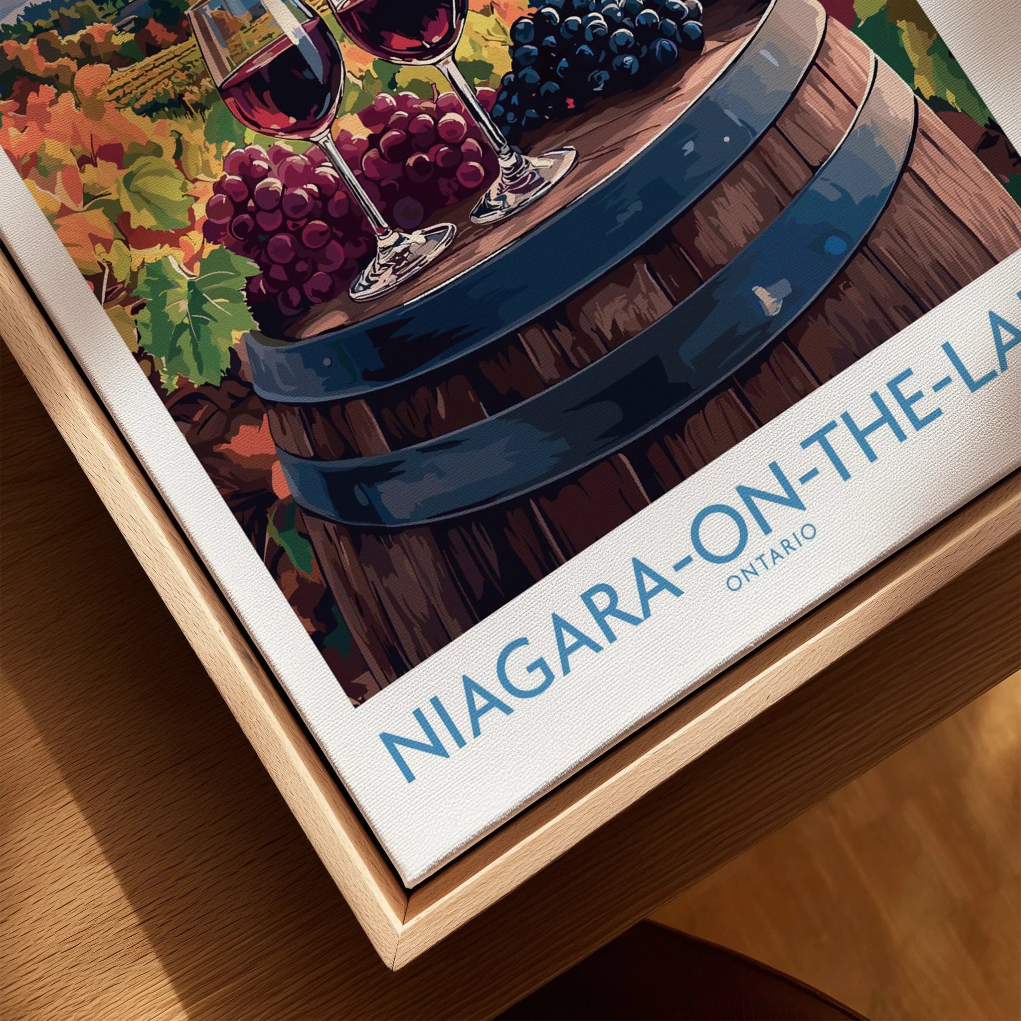 Niagara-on-the-Lake wine country travel poster with grapes, wine glasses, and barrel, Ontario wall art