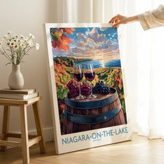 Niagara-on-the-Lake wine country travel poster with vineyard, wine glasses, and lake sunset, perfect wall art decor