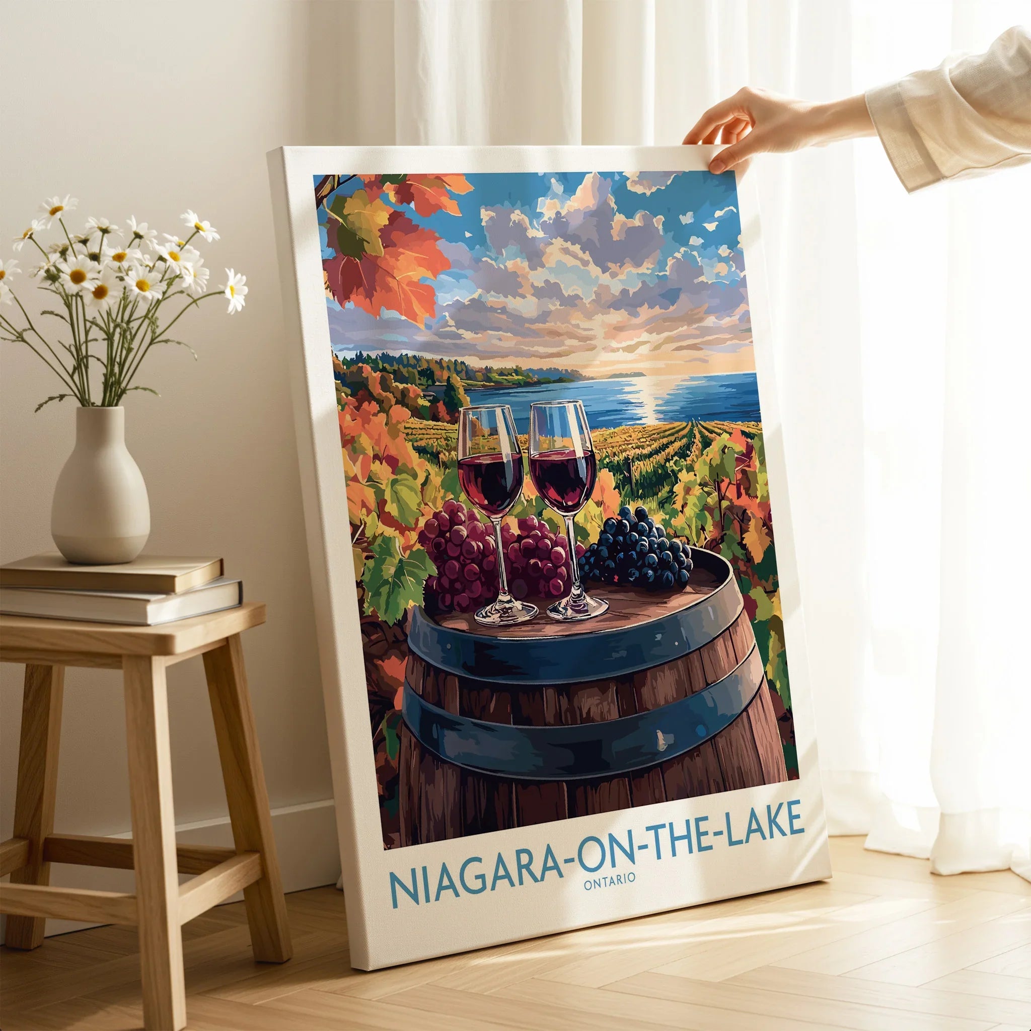 Niagara-on-the-Lake wine country travel poster with vineyard, wine glasses, and lake sunset, perfect wall art decor