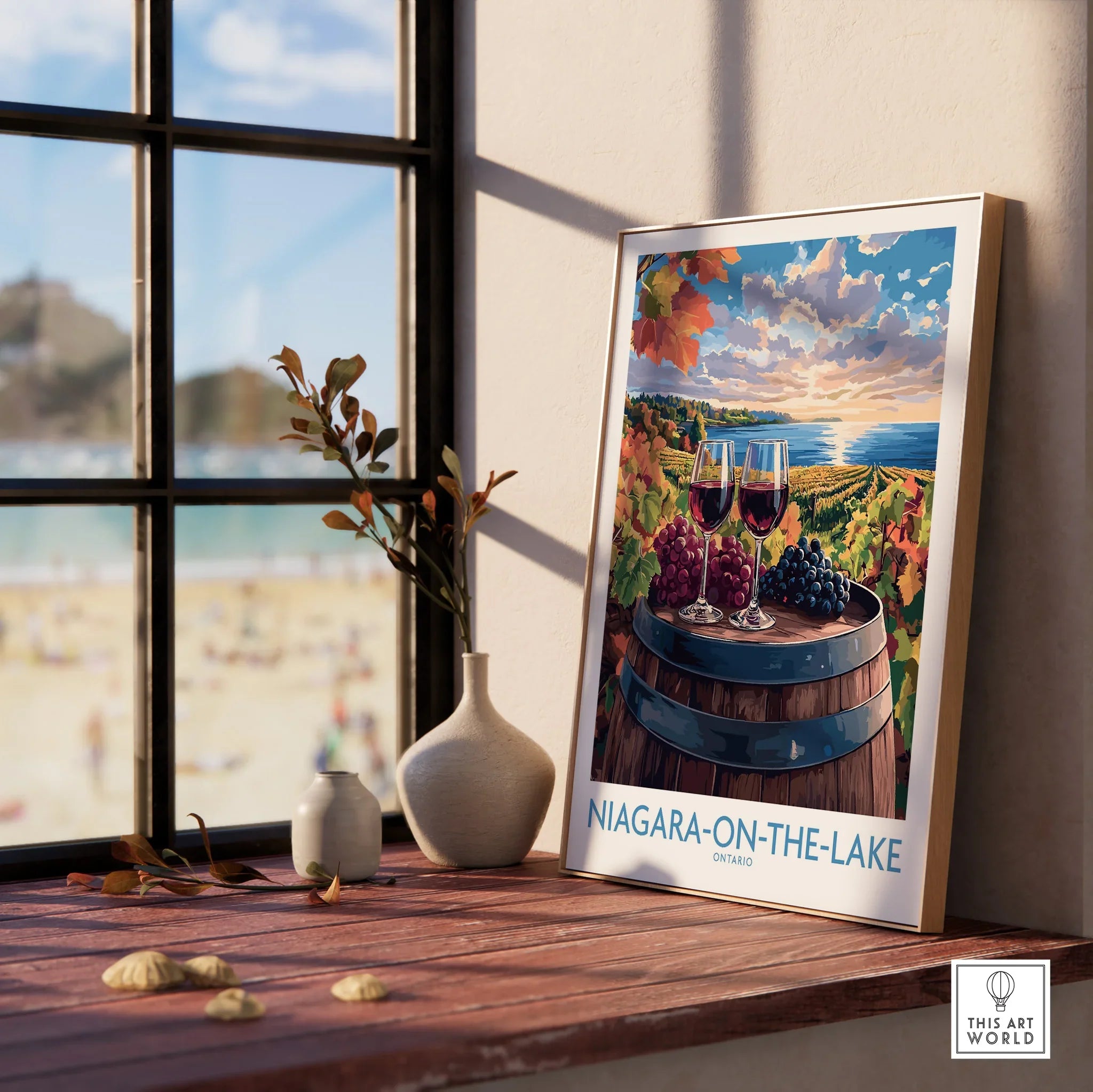 Niagara-on-the-Lake wine country travel poster with vineyards, wine glasses, and lake view, perfect for home wall art