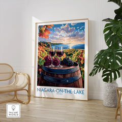 Niagara-on-the-Lake wine country travel poster with vineyard, wine glasses, and lake sunset scene