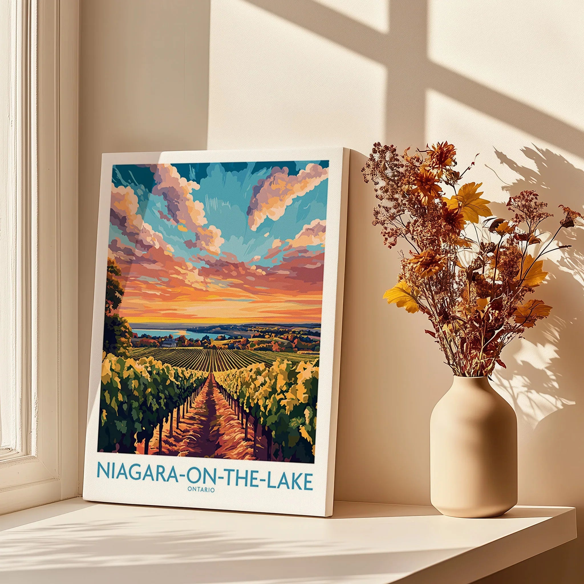 Niagara-on-the-Lake Ontario travel poster with vineyard sunset, perfect wall art for home decor