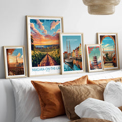 Framed travel posters of Paris, Niagara-on-the-Lake, Copenhagen, Tokyo, Barcelona for home wall art decor