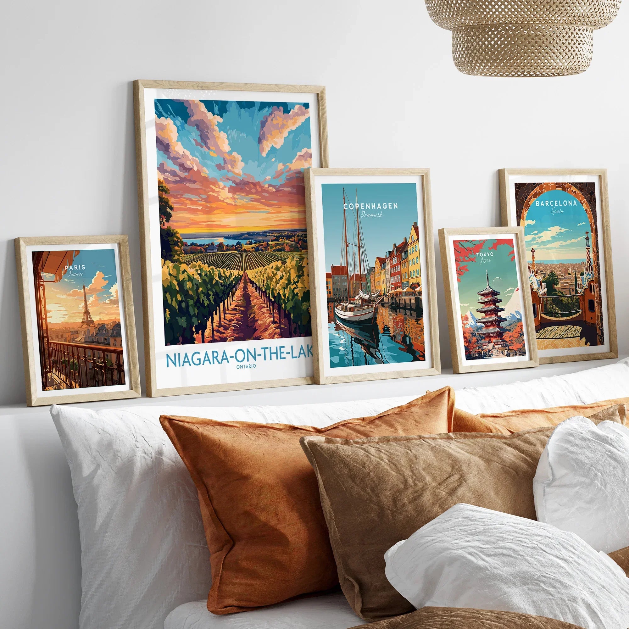 Framed travel posters of Paris, Niagara-on-the-Lake, Copenhagen, Tokyo, Barcelona for home wall art decor