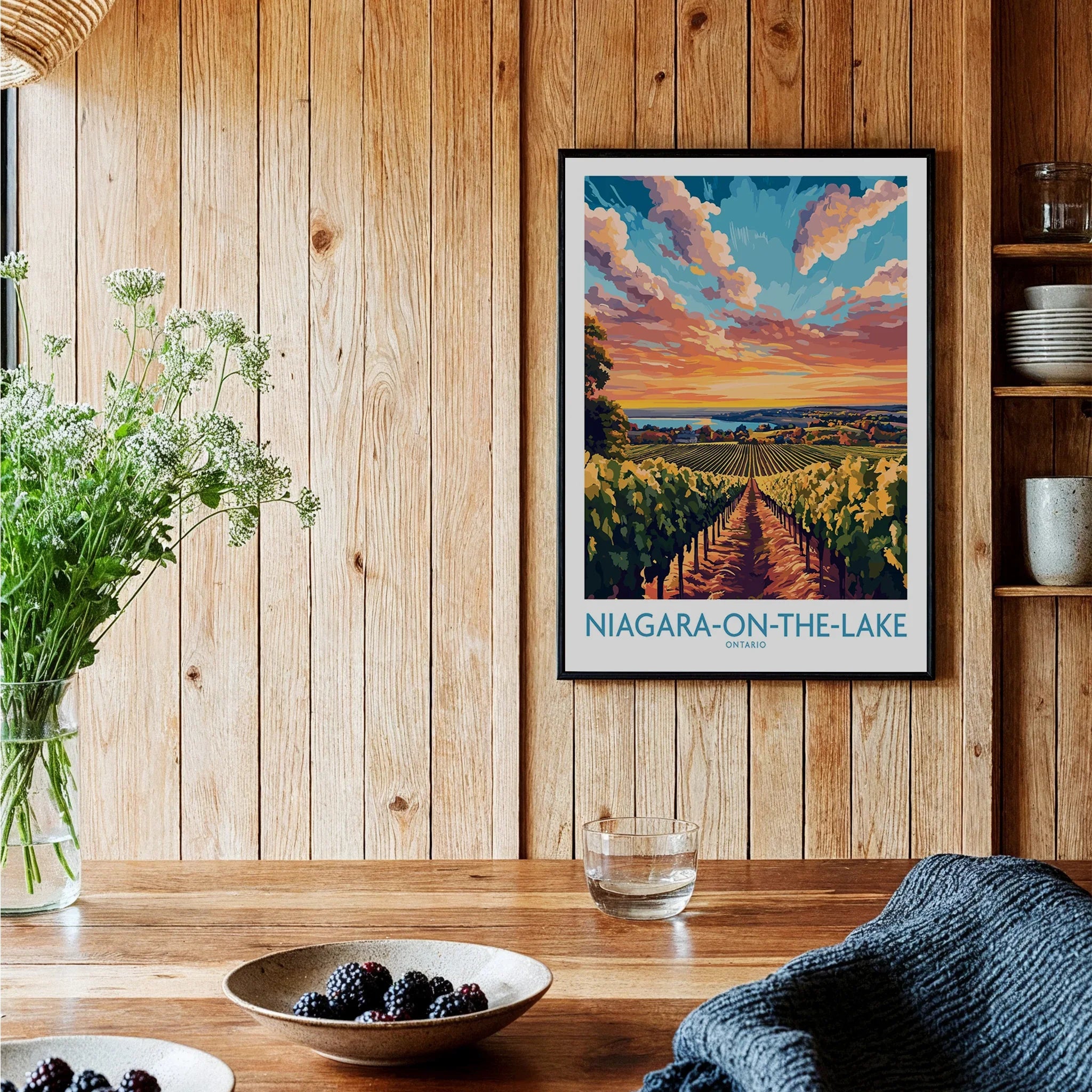 Niagara-on-the-Lake Ontario travel poster with vineyard sunset, perfect wall art for home decor