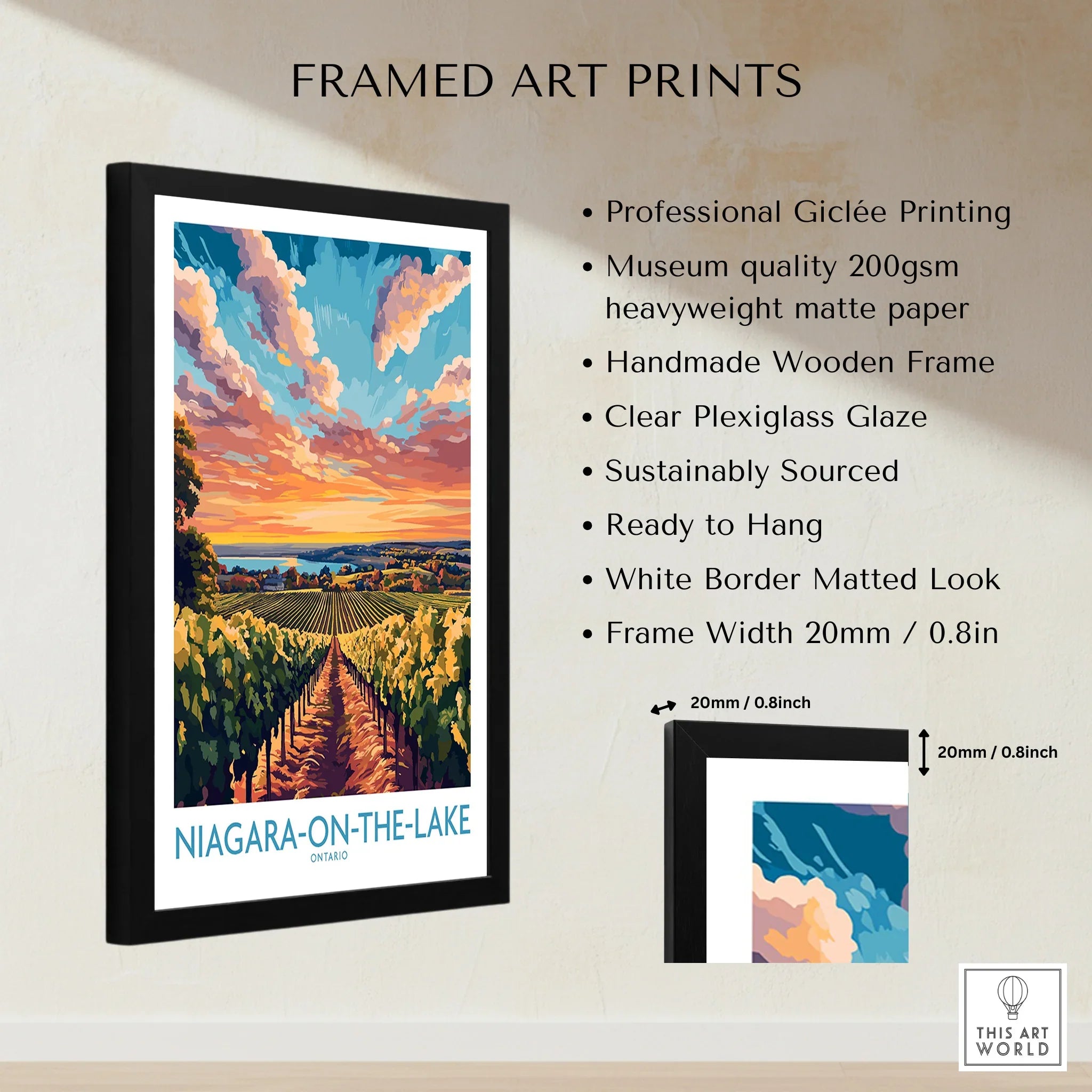Niagara-on-the-Lake travel poster print with vineyard sunset, framed wall art for home decor