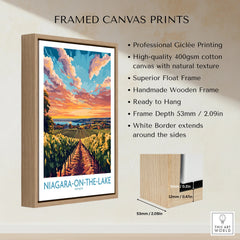 Niagara-on-the-Lake vineyard sunset travel poster in wooden float frame, ready to hang wall art