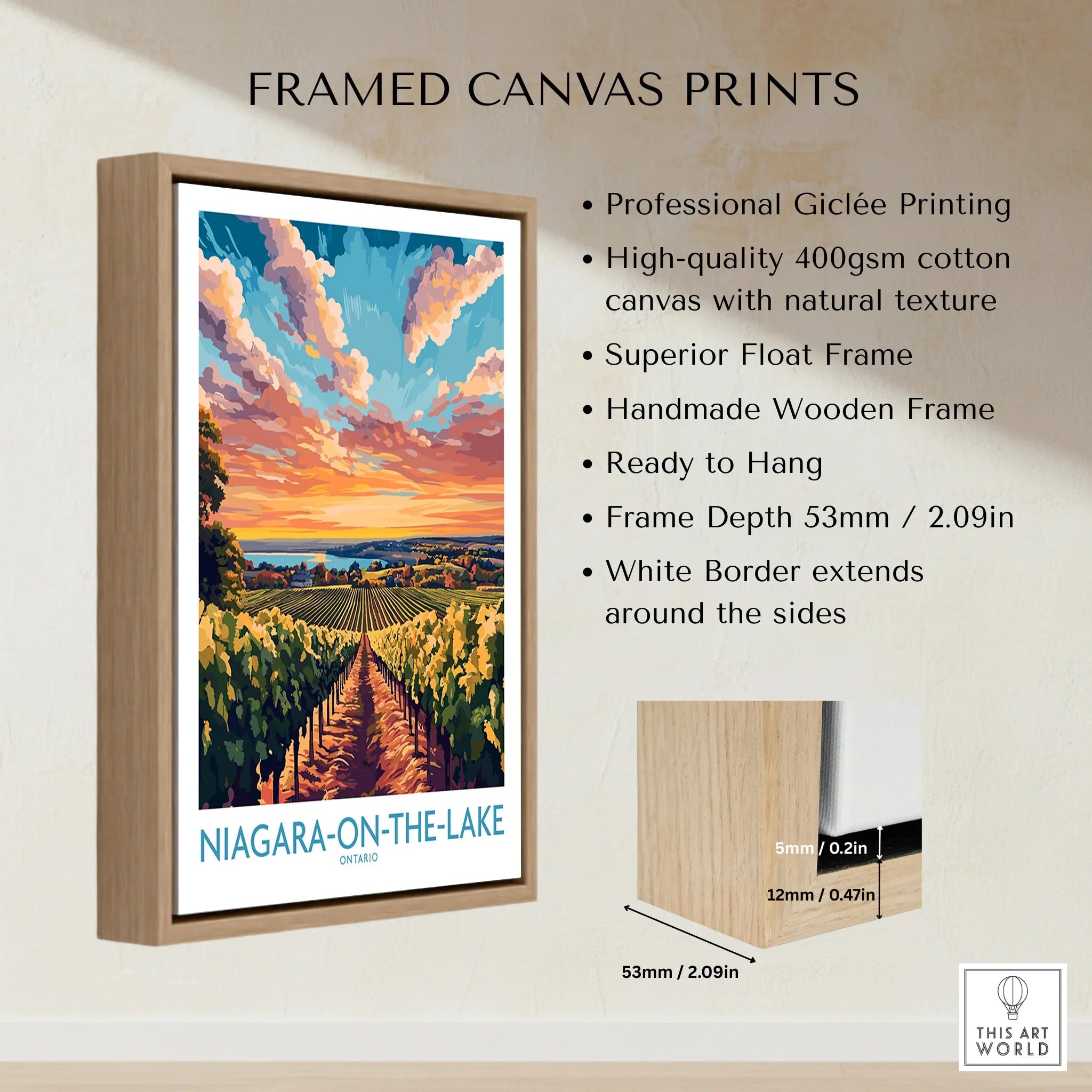 Niagara-on-the-Lake vineyard sunset travel poster in wooden float frame, ready to hang wall art