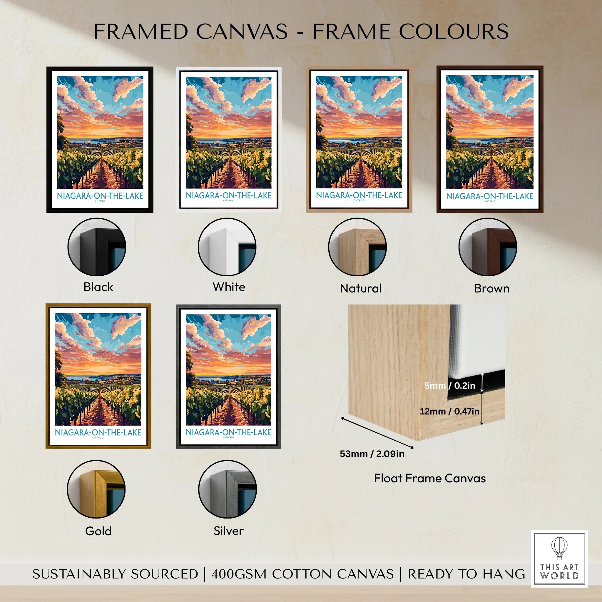 Niagara-on-the-Lake vineyard art print in black, white, natural, brown, gold, silver frames, float frame canvas details