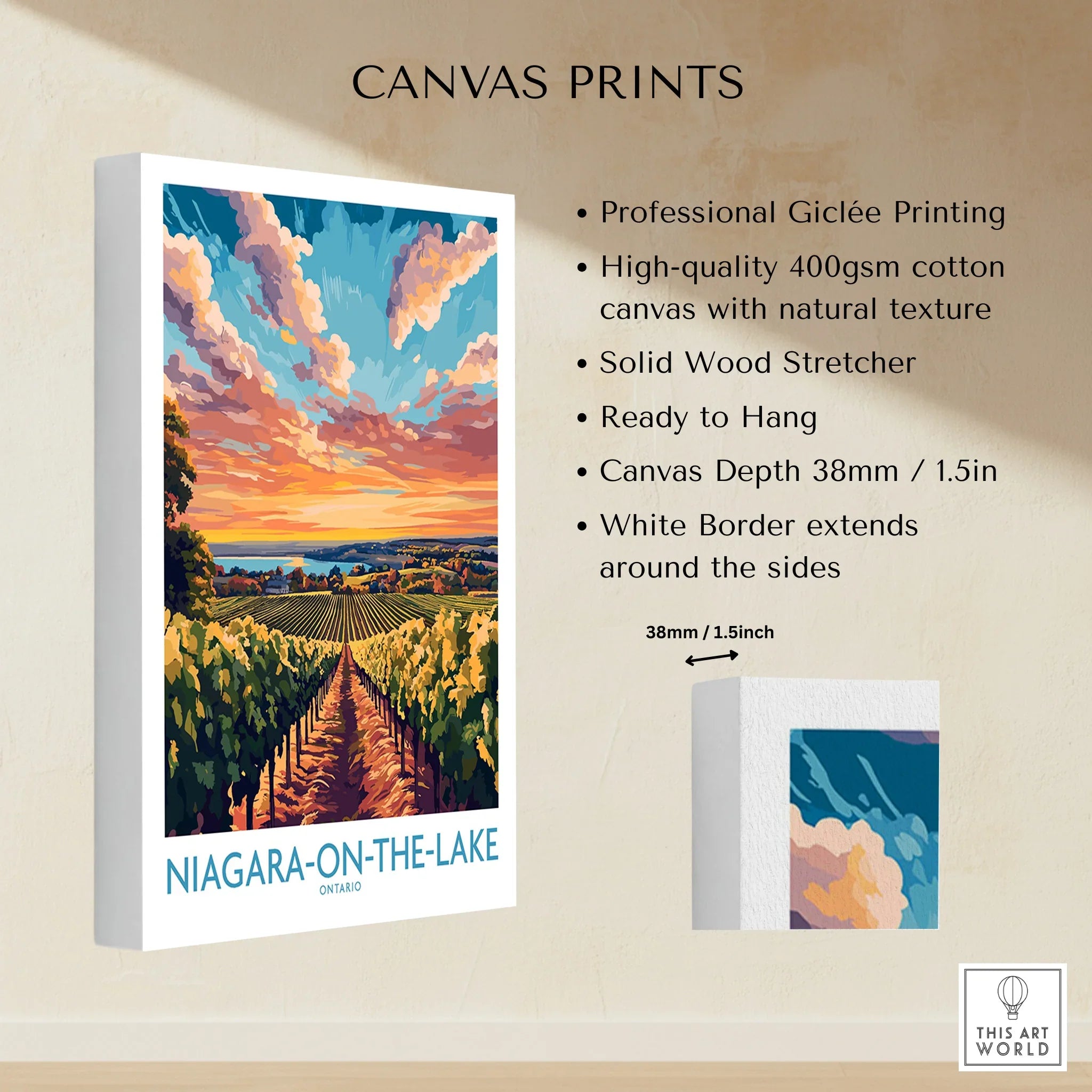 Niagara-on-the-Lake Ontario canvas print with vineyard sunset, travel poster wall art, ready to hang