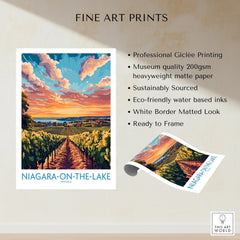Niagara-on-the-Lake vineyard sunset travel poster, fine art print with white border, ready to frame