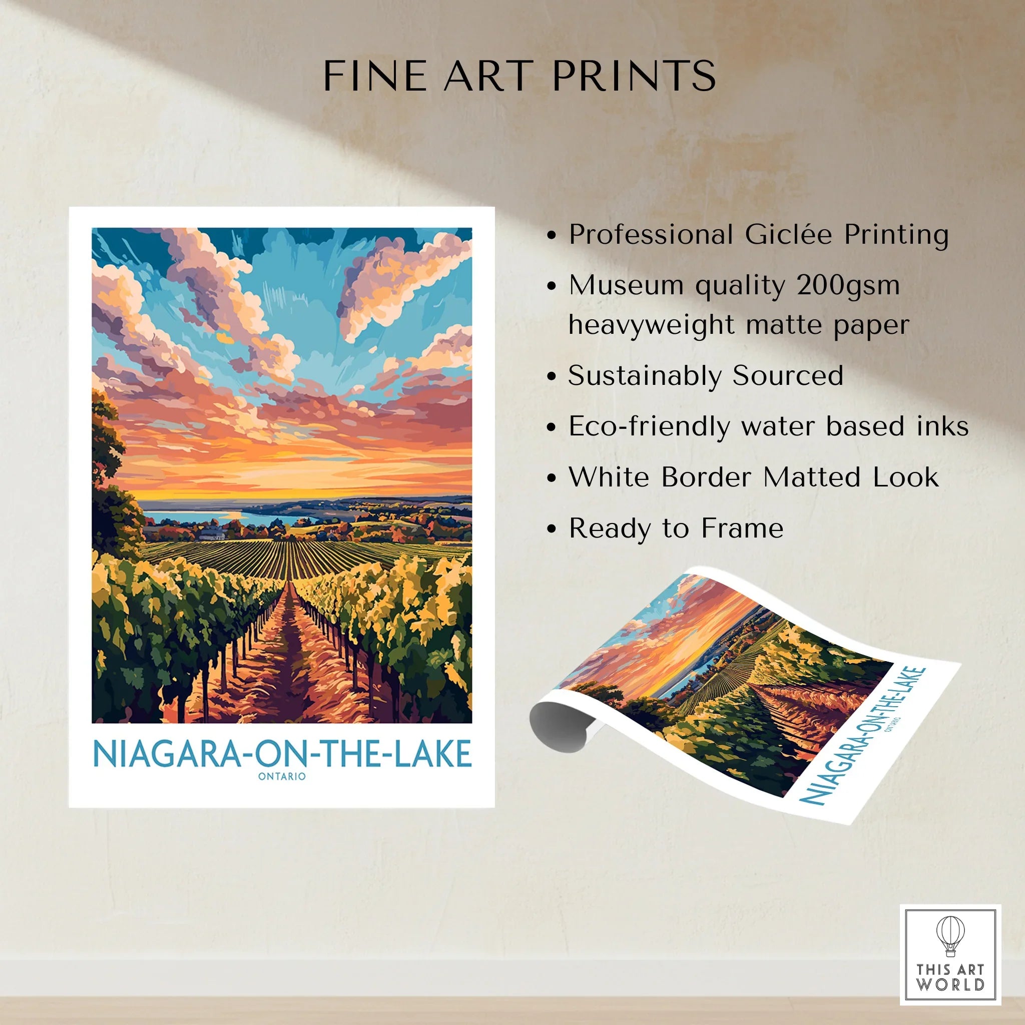Niagara-on-the-Lake vineyard sunset travel poster, fine art print with white border, ready to frame