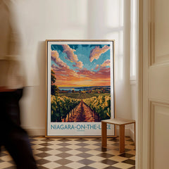 Niagara-on-the-Lake Ontario travel poster with vineyard sunset, framed wall art for home decor