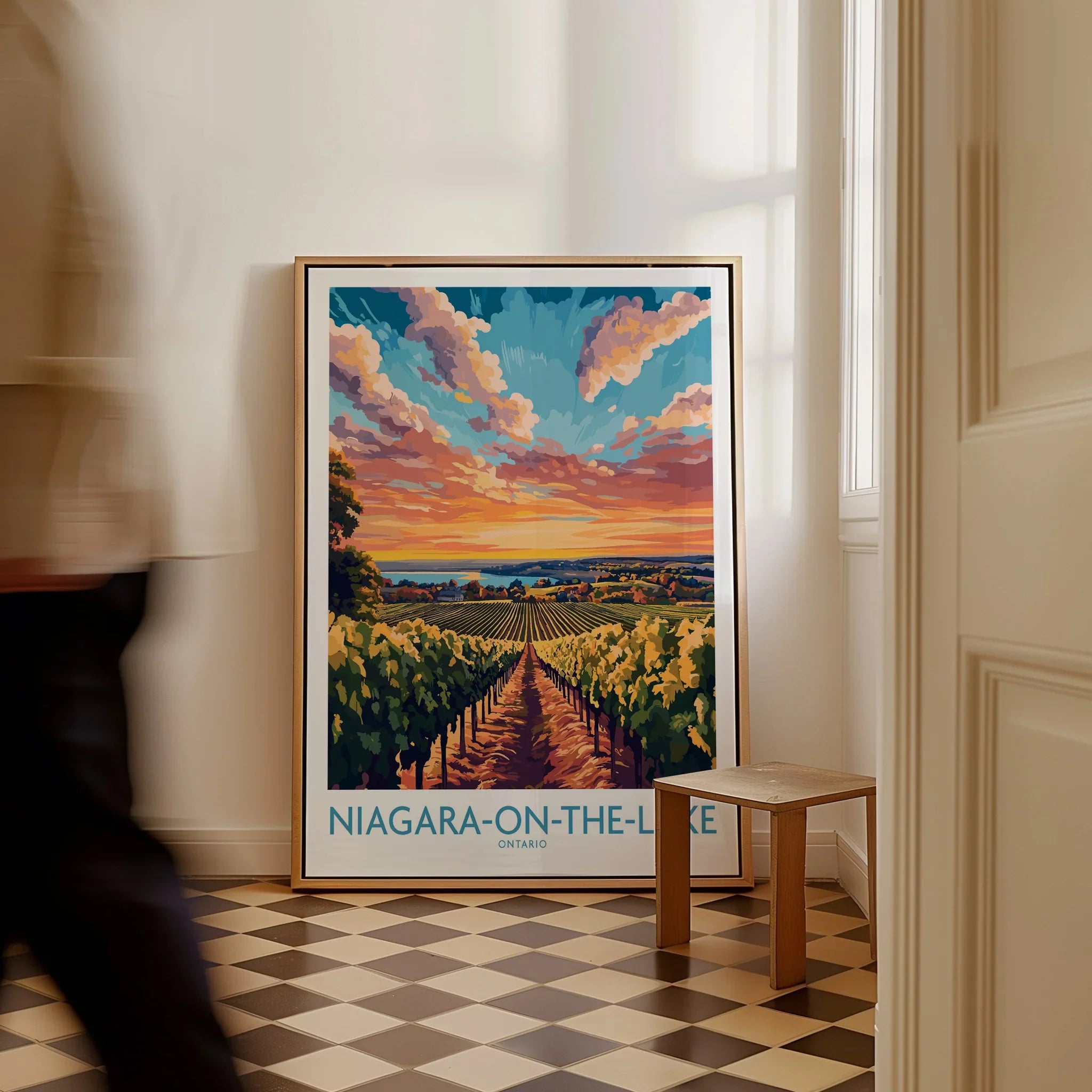 Niagara-on-the-Lake Ontario travel poster with vineyard sunset, framed wall art for home decor