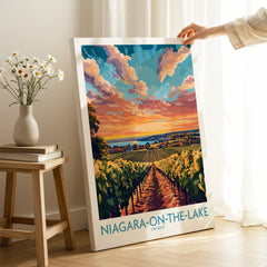 Niagara-on-the-Lake Ontario travel poster with vineyard sunset, perfect wall art for home decor