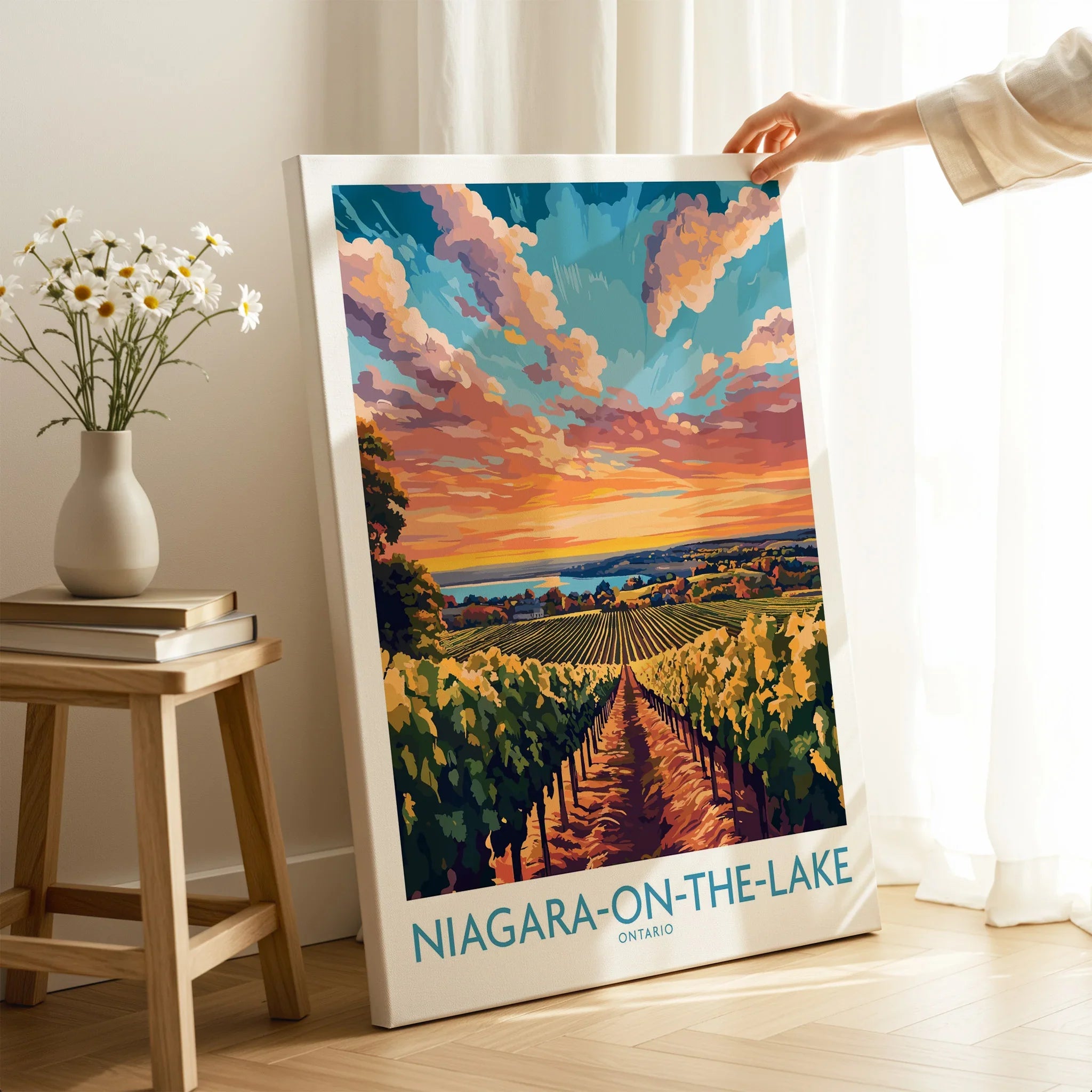 Niagara-on-the-Lake Ontario travel poster with vineyard sunset, perfect wall art for home decor