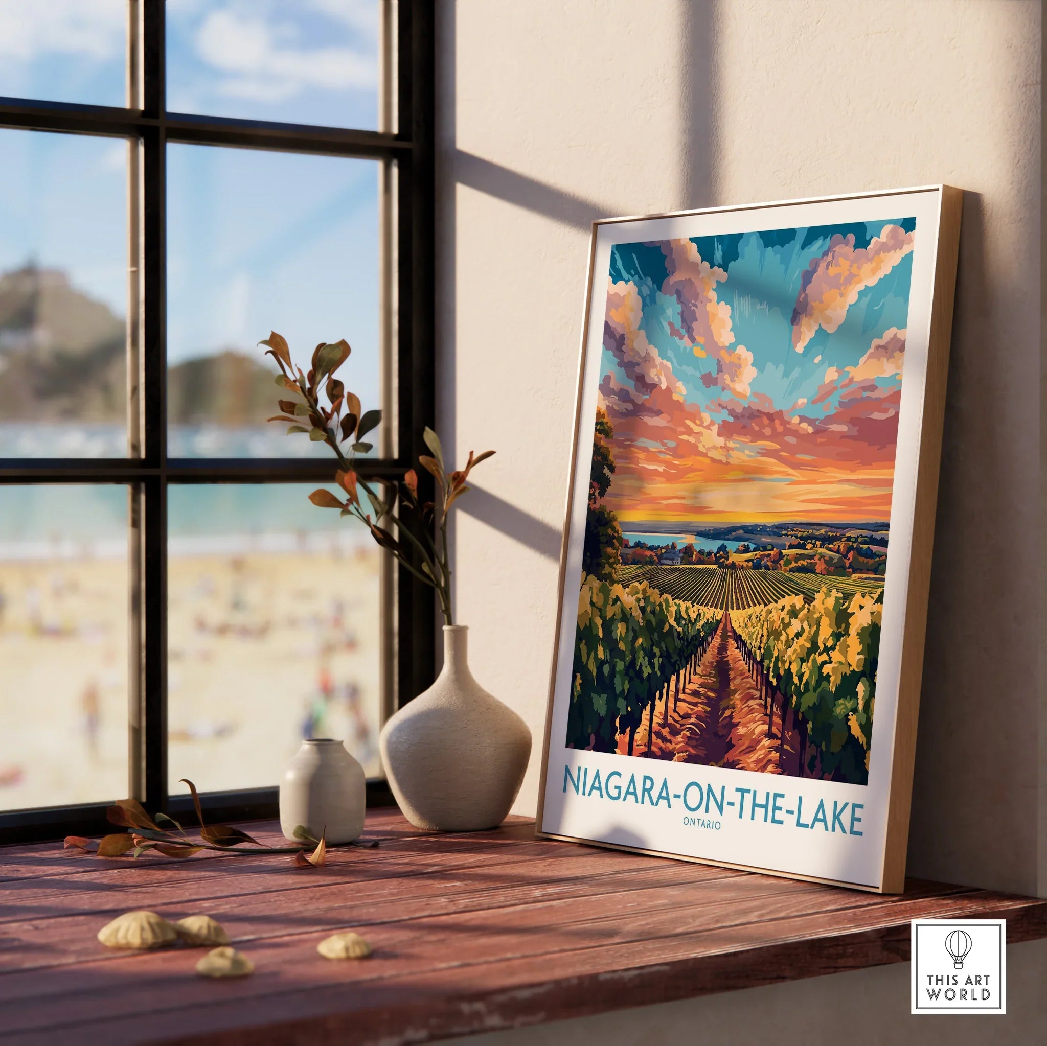 Niagara-on-the-Lake Ontario travel poster with vineyard sunset, framed wall art for home decor