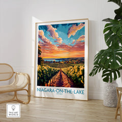 Niagara-on-the-Lake Ontario travel poster with vineyard sunset, framed wall art for home decor