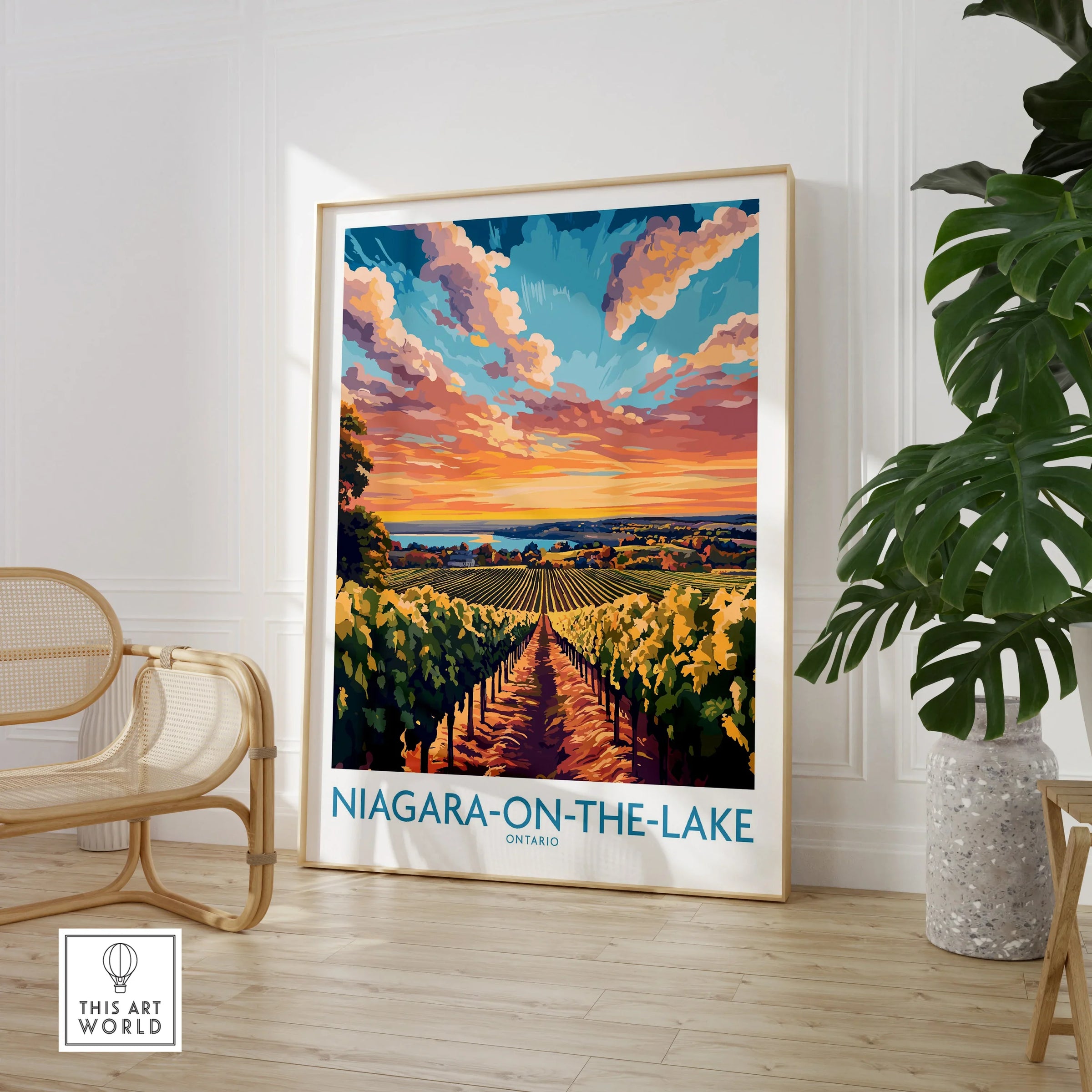 Niagara-on-the-Lake Ontario travel poster with vineyard sunset, framed wall art for home decor