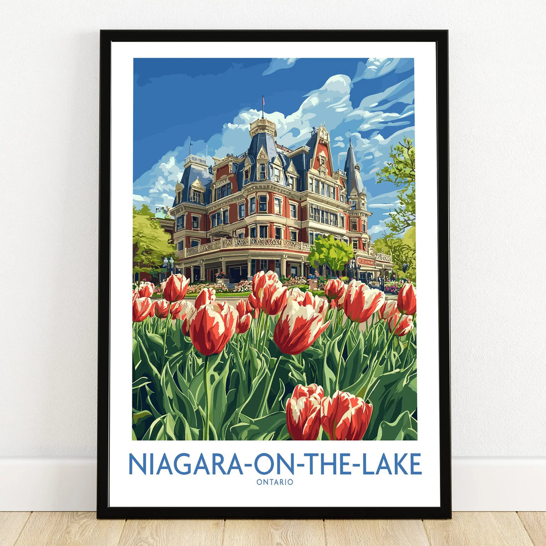 Niagara-on-the-Lake Ontario travel poster with historic hotel and red tulips, perfect wall art for home decor