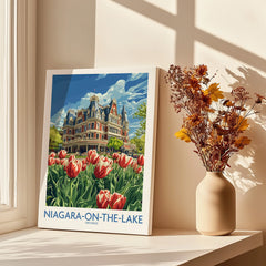 Niagara-on-the-Lake travel poster with tulips & historic hotel, perfect for home wall art decor