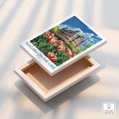 Niagara-on-the-Lake travel poster print with tulips and historic building, wall art decor