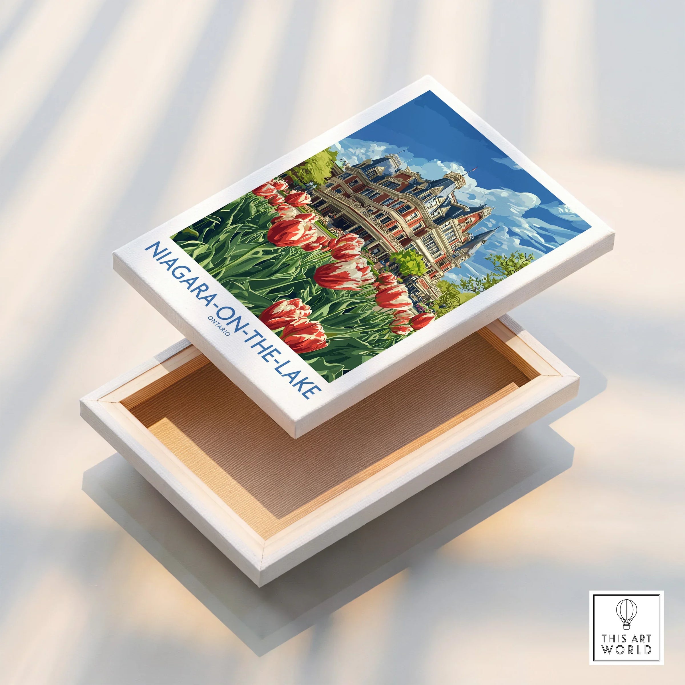 Niagara-on-the-Lake travel poster print with tulips and historic building, wall art decor