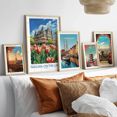 Framed travel posters of Paris, Niagara-on-the-Lake, Copenhagen, Tokyo, and Barcelona for wall art decor
