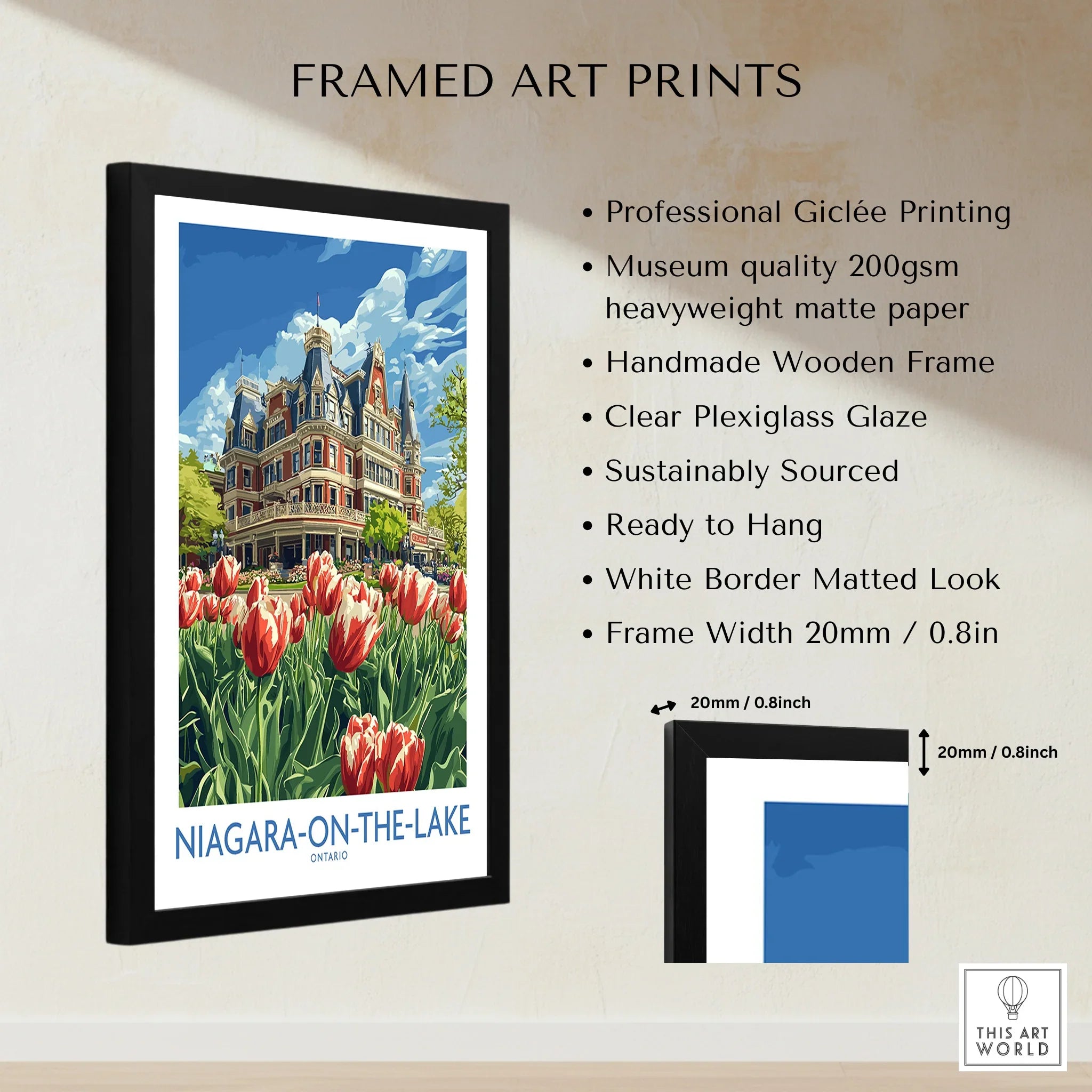 Niagara-on-the-Lake travel poster art print with tulips, framed wall decor for home