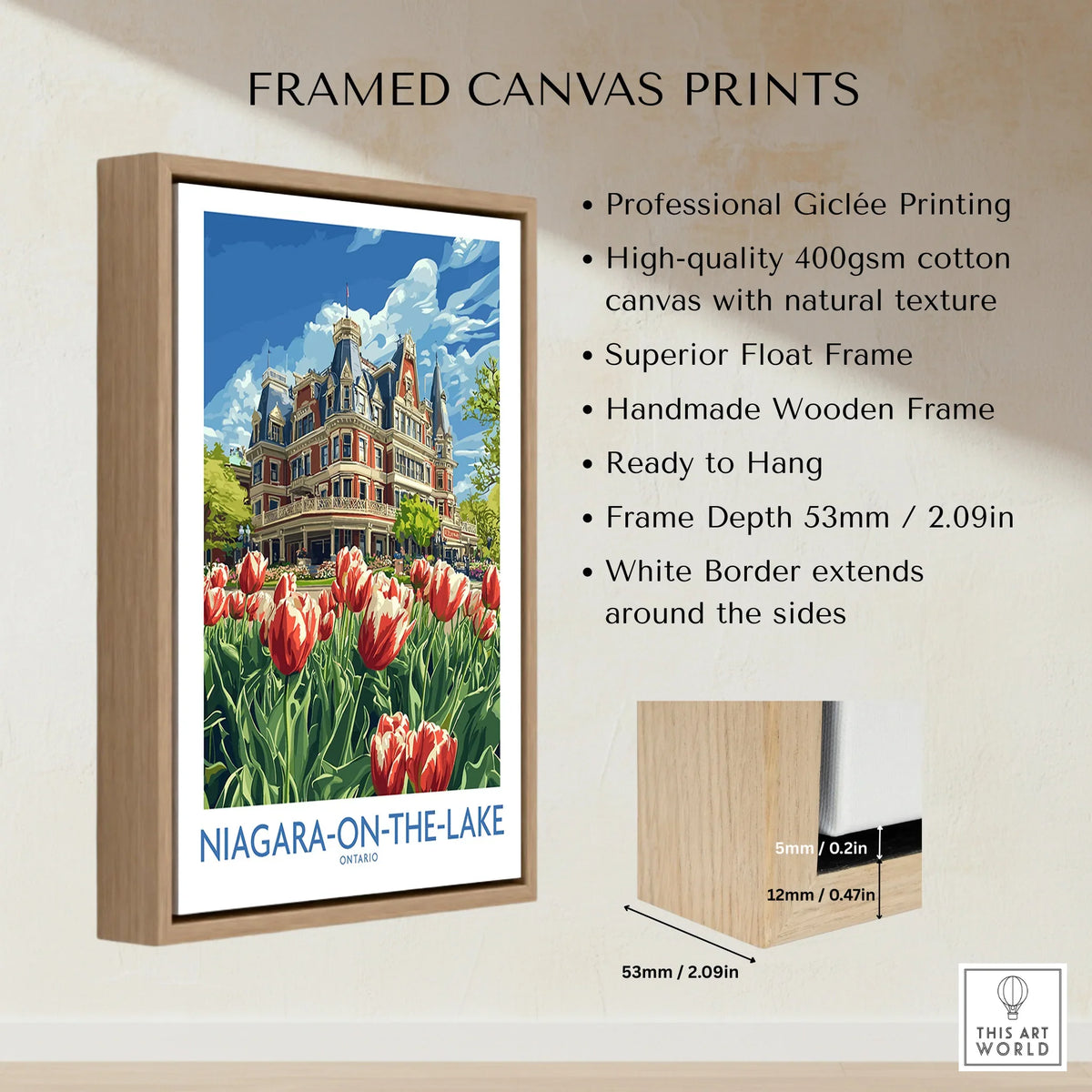 Framed canvas print of Niagara-on-the-Lake with tulips, vintage travel poster style, wooden float frame