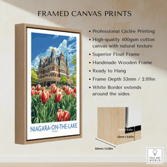 Framed canvas print of Niagara-on-the-Lake with tulips, vintage travel poster style, wooden float frame