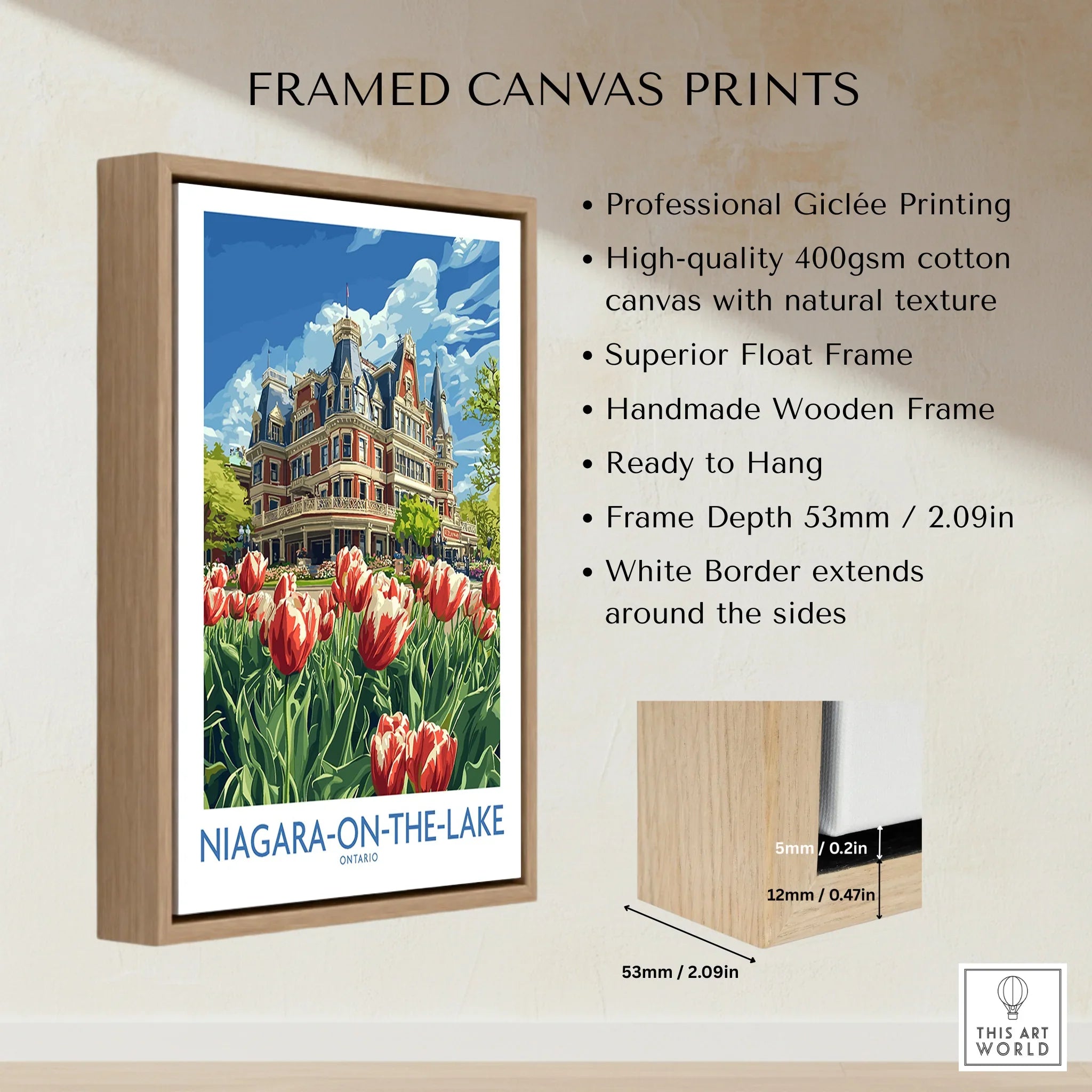 Framed canvas print of Niagara-on-the-Lake with tulips, vintage travel poster style, wooden float frame