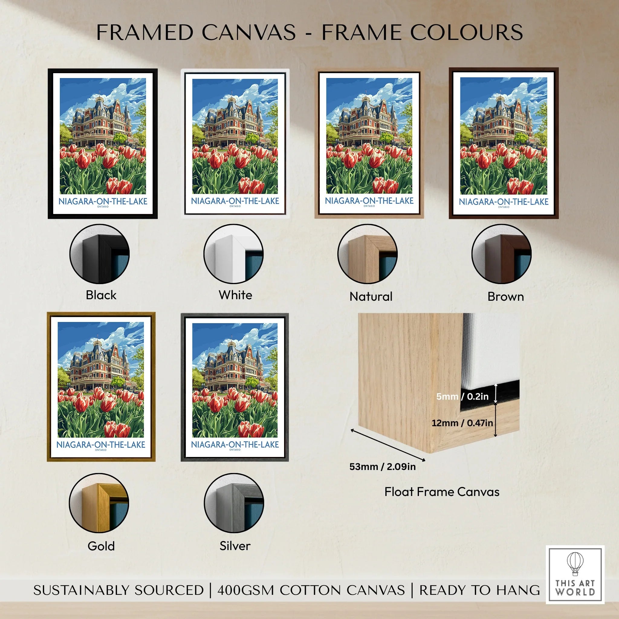 Niagara-on-the-Lake travel poster in black, white, natural, brown, gold, silver frames. Float frame canvas, ready to hang.
