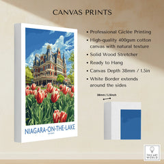 Niagara-on-the-Lake travel poster canvas print with tulips and historic building, ready to hang wall art