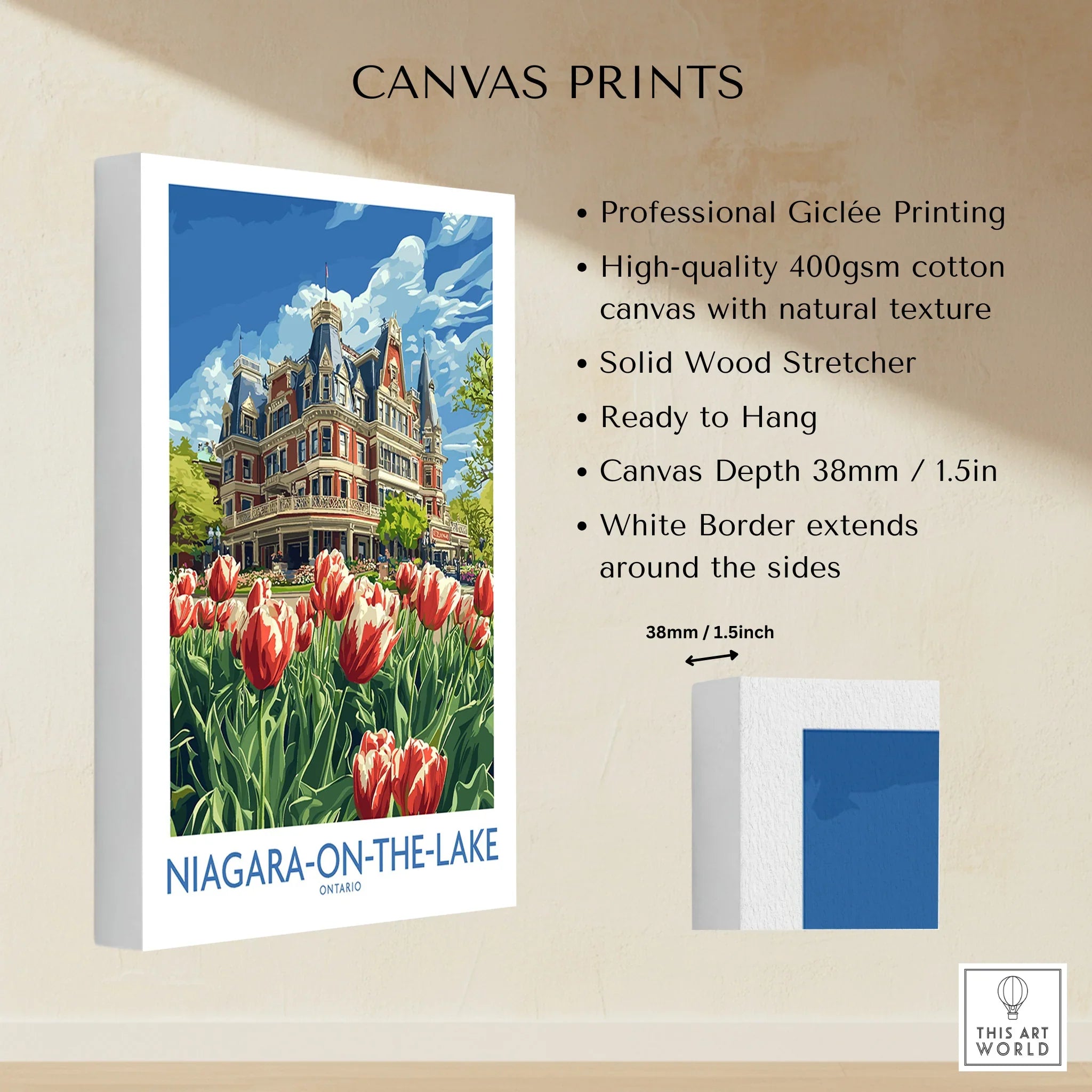 Niagara-on-the-Lake travel poster canvas print with tulips and historic building, ready to hang wall art