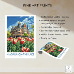 Niagara-on-the-Lake travel poster with historic hotel and tulips, fine art print ready to frame